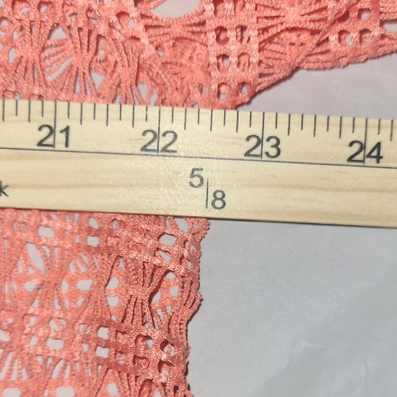 Coral Crochet Knit Top Sheer Elbow Short Sleeve Scoop Neck - Picture 5 of 9